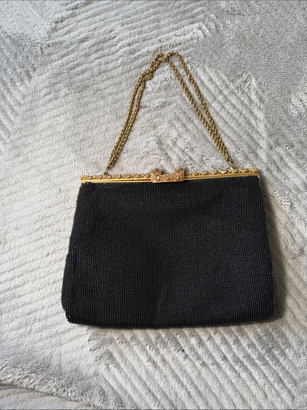 Vintage Rosenfeld Black Beaded Evening Bag with Gold Frame and Chain